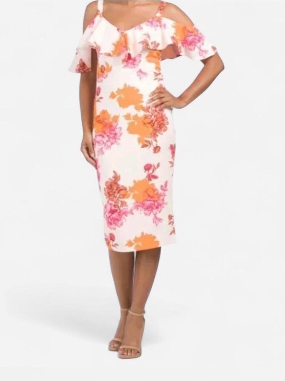 Rachel Roy Floral Cold-Shoulder Ruffled Slitted Midi Dress in Pink Floral
